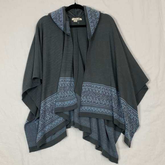 Simply Noelle Hooded Poncho Wrap Gray with Blue Pattern - Picture 1 of 9